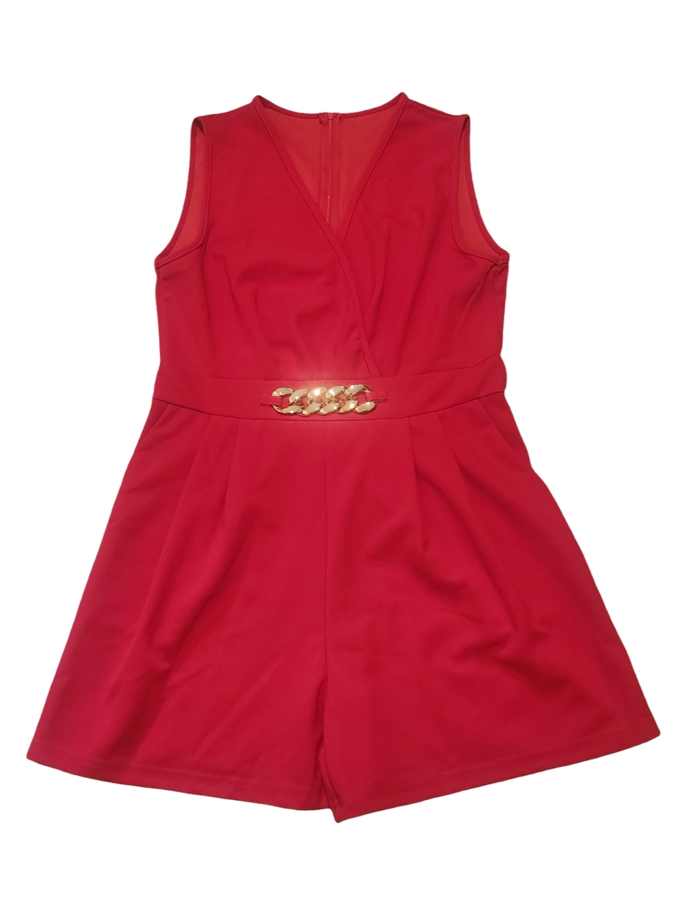 Red Sleeveless V-Neck Romper with Gold Chain Detail
